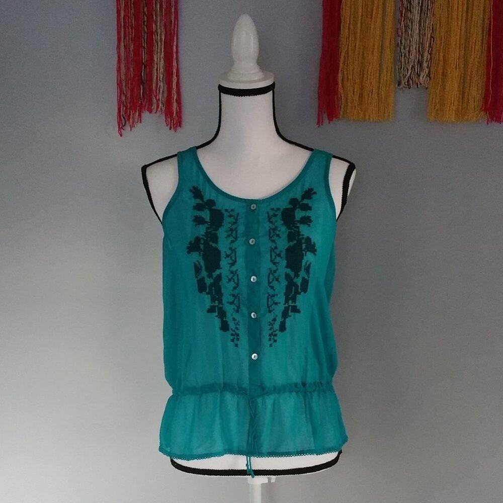 Joe Fresh Green Sleeveless Sheer Embroidered Sheer Top XS